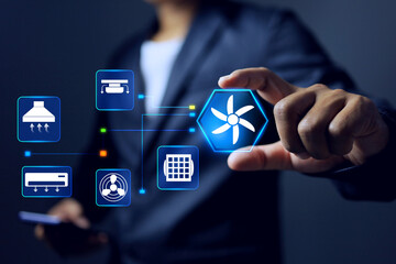 Ventilation concept with businessman holding a virtual ventilation fan and single line diagram to another room section used for different purposes