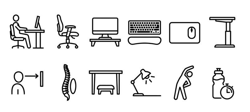 Set of black line icons for office ergonomics shows a person at a desk, chair, computer, and stretching for workplace wellness and correct posture in a minimalist vector style