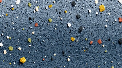 microplastic confetti pattern, tiny irregular colorful specks on deep-sea blue