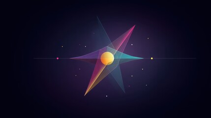 Abstract geometric composition with vibrant colors and glowing star-like shape set against a dark gradient background for modern design projects