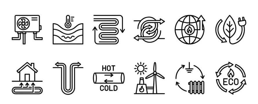 Set of twelve black line icons illustrating heat pump technology, geothermal energy, and renewable power sources for efficient home heating, cooling, and eco-friendly solutions