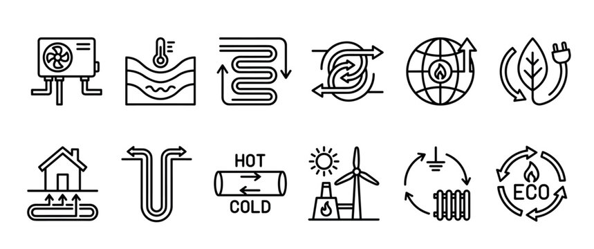 Collection of black line icons representing heat pump technology, geothermal energy, and renewable heating and cooling systems for sustainable and eco-friendly home climate control
