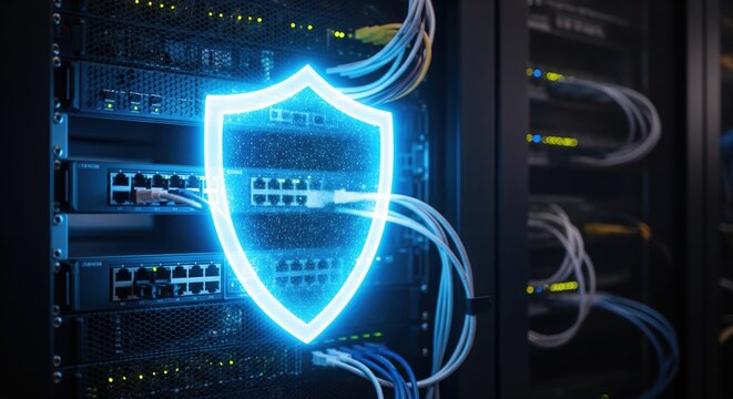 Digital Security Concept with Shield Icon Overlaying Server Rack in Data Center