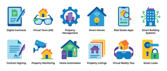 Collection of colorful flat icons representing real estate technology concepts like smart homes, virtual tours, and digital contracts for modern property management and sales