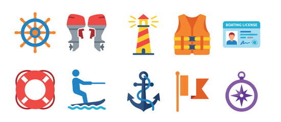Collection of colorful flat boating icons including a ship wheel, motor, lighthouse, life jacket, license, lifebuoy, water skier, anchor, flag, and compass for maritime themes © Vladislav