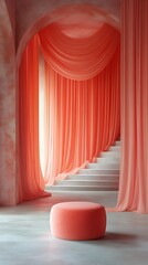 Soft coral ottoman placed gracefully before a white staircase adorned with long peach curtains