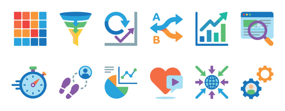Collection of colorful flat business icons for data analysis, marketing strategy, and user engagement, including A/B testing, sales funnel, and performance tracking symbols