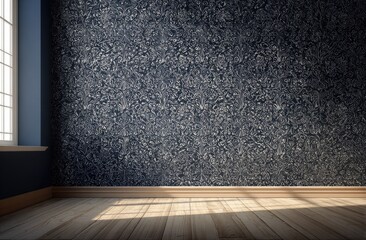 Empty room with dark textured wall and light wooden floor. Sunlight streams in through window