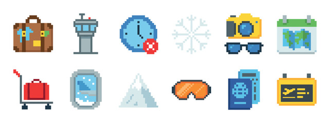 Set of pixel art travel icons for vacation and journey themes, featuring a suitcase, airport tower, passport, and winter holiday elements in a retro 8-bit video game style © Vladislav
