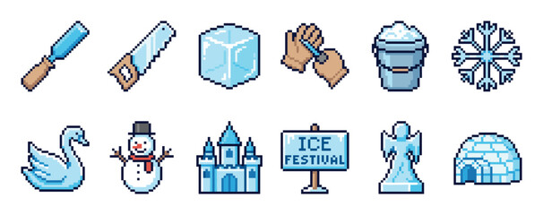 Set of pixel art icons for an ice festival theme, featuring a snowman, castle, swan, angel, and sculpting tools in a retro 8-bit video game style illustration