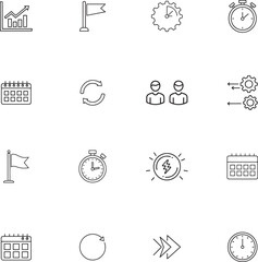 Productivity and Workflow line art icon collection. Includes line art symbols calendar, timer, graph, goal, success and more. Isolated icons. Productivity icon set.