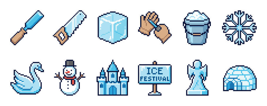 Set of pixel art icons for an ice festival theme, featuring a snowman, castle, swan, angel, and sculpting tools in a retro 8-bit video game style illustration
