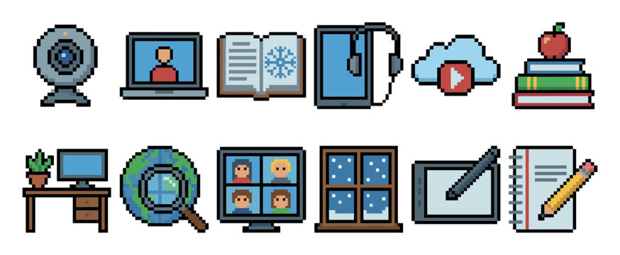 Pixel art icon set for online learning and remote work, featuring a laptop, webcam, books, and video conference call elements in a retro 8-bit gaming style illustration