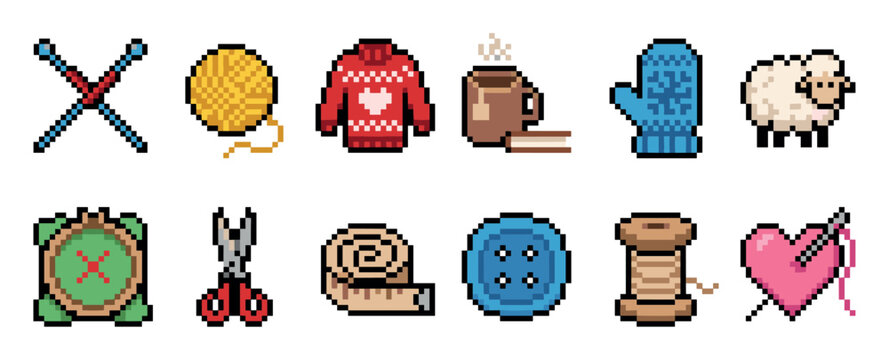 Charming set of pixel art icons for knitting, sewing, and cozy hobbies, including a sweater, yarn, needles, scissors, and a warm drink in a classic 8-bit video game style