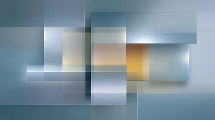 Abstract geometric composition with translucent rectangles in layered blue, gray, and gold tones creating a modern and soothing background design