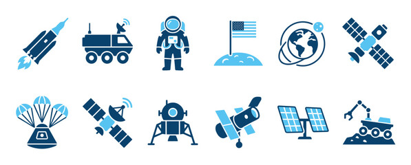 Set of blue space exploration icons featuring a rocket, astronaut, satellite, rover, and planet Earth in a clean, minimalist flat vector graphic style © Vladislav