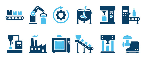 Set of blue industrial manufacturing icons representing factory production, automation, machinery, conveyor belts, robotic arms, and processing equipment in a clean flat glyph style