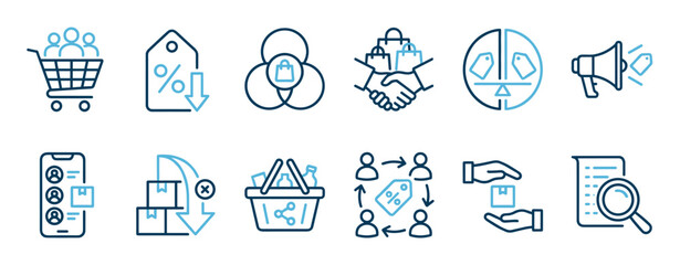 Set of blue e-commerce icons representing online shopping, retail, marketing, and customer service concepts like delivery, discounts, and loyalty programs in a clean line art style