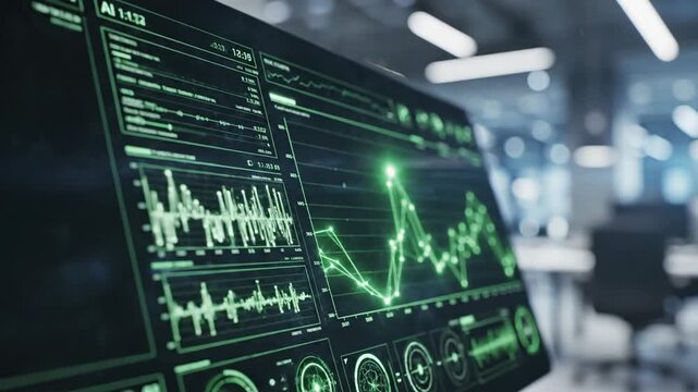 Futuristic office display showing green graphs and charts on a high-tech screen