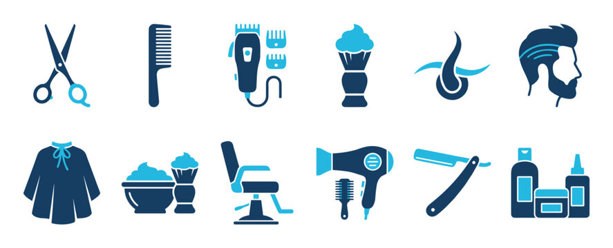 Collection of two-tone blue barbershop icons featuring professional grooming tools like scissors, a comb, clippers, a razor, and a barber chair in a flat vector graphic style