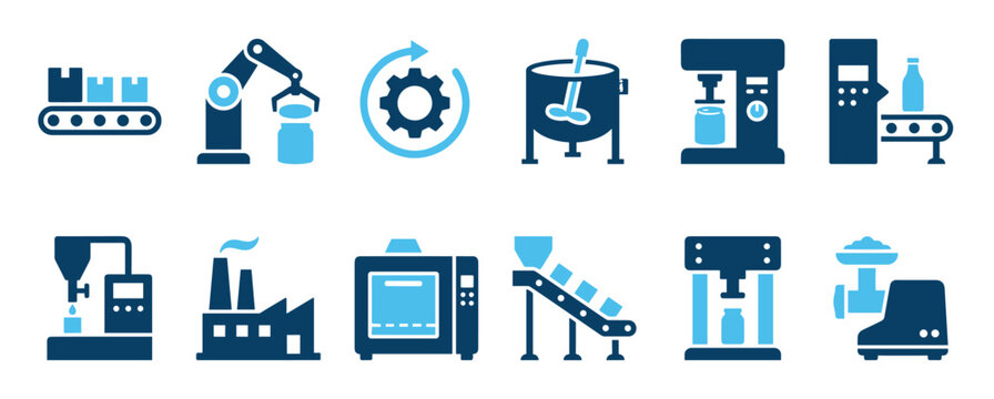 Set of blue industrial manufacturing icons representing factory production, automation, machinery, conveyor belts, robotic arms, and processing equipment in a clean flat glyph style
