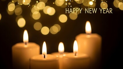 Happy new year wishes with lit candles and sparkling lights