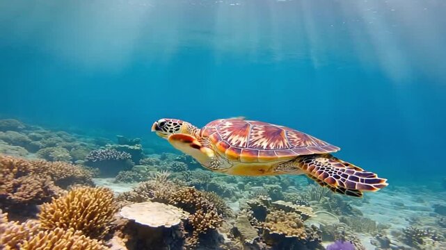 Hawksbill sea turtle swims gracefully over a colorful coral reef teeming with life in clear turquoise ocean waters
