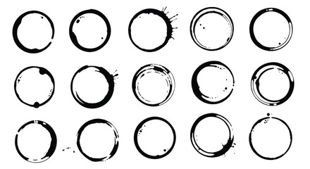 Collection of fifteen various coffee cup stain rings with splatters and textures creates a realistic and messy beverage mark effect.