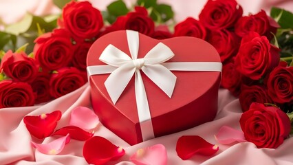 Heart-shaped gift box with red roses