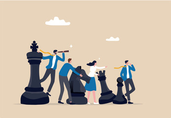 Strategy to win competition, teamwork help plan strategic idea to fight and achieve business victory, challenge concept, business people team players stand strong with king, knight chess pieces.