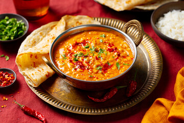 Indian lentil curry served with roti and rice. Purple background. Close up.