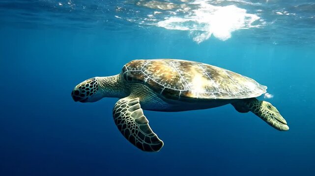 Majestic sea turtle gracefully swims through clear blue ocean waters with sunlight rays filtering from above.