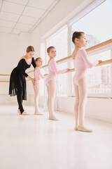 Group of young ballet dancers training together in bright studio. Concept of dance school enrollment information, class scheduling materials, and education related promotion. © master1305