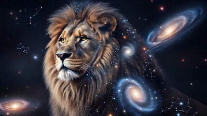 A proud lion with a magnificent mane rendered as swirling galaxies and constellations, a celestial portrait.