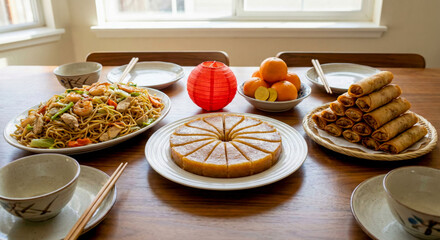 Festive Asian Meal Spread with Noodles, Spring Rolls, and Cake on Wooden Table