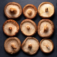 Natural shiitake mushrooms layout. Detailed texture, food styling background. Close up. Top view.