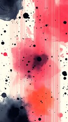 Soft watercolor brushstrokes in pink, red, and black with delicate vertical lines and scattered ink splatters
