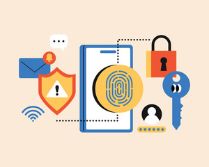 Digital Security and Mobile Data Protection. Cloud system. IT company. Enhanced security. Fingerprint recognition system. Cute and simple style illustration.