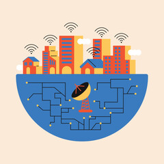 Smart City Connectivity Urban Network and Communication Infrastructure. Cute and simple style illustration.