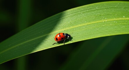Fototapeta premium A tiny red lady beetle with black spots crawls slowly across a vibrant green leaf surface in a sunny summer garden ,closeup ,bug ,environment