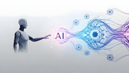 A humanoid robot interacting with an artificial intelligence core, representing data processing and future technology