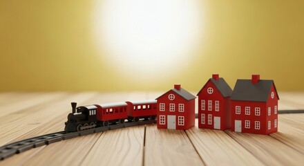 Miniature red train and houses on wooden surface, symbolizing travel and homeownership concepts