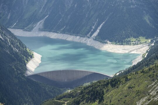 Dam, dam wall of the Schlegeis reservoir, reservoir lake with turquoise blue water, Zillertal Alps, Tyrol, Austria