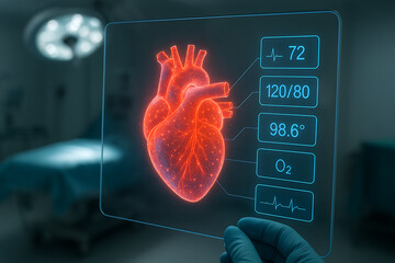 Futuristic 3d holographic heart anatomy with real-time vital signs in a high-tech surgical operating room for cardiology innovation