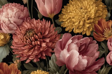 Detailed floral still life with peonies, chrysanthemums, and tulips.  Muted tones of blush, orange, and gold on a dark background