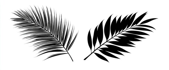 Obraz premium Black palm fronds on white background, vector image. Two stylized tropical leaves