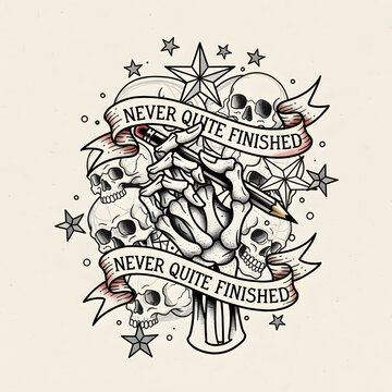 Skeleton Hand with Pencil and Skulls Tattoo Style