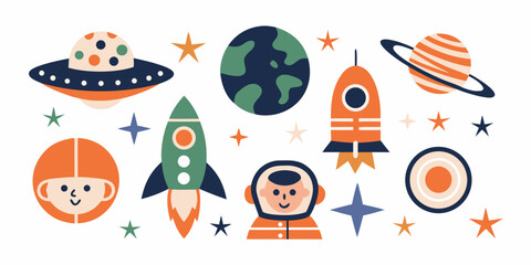 Colorful space exploration scene with planets rockets and astronauts © Roni