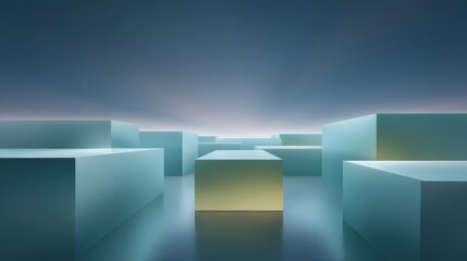 Abstract geometric landscape with glowing blocks reflecting light in a tranquil environment showcasing modern design and artistic interpretation of space