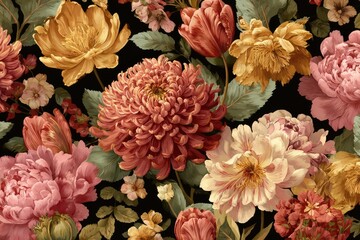 Detailed floral pattern with various blooms in warm tones on a black background